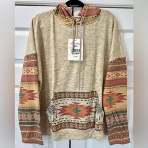 American Bling Southwestern Pattern Tan Hoodie Sweatshirt with Aztec Print “NWT”